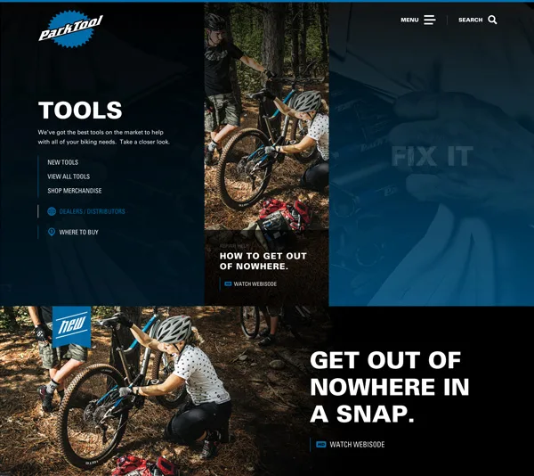 The Park Tool homepage offers a seamless customer experience. Explore sections like Tools and How to Get Out of Nowhere, illustrated with imagery of cyclists in nature. Dive into viewing tools and merchandise that bring precision and Clockwork reliability to every repair.