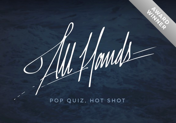 Cursive text All Hands graces a dark, wavy background with Pop Quiz, Hot Shot below. A silver ribbon in the top right corner proudly announces Award Winner, akin to the precision of Clockwork in enhancing user experience.