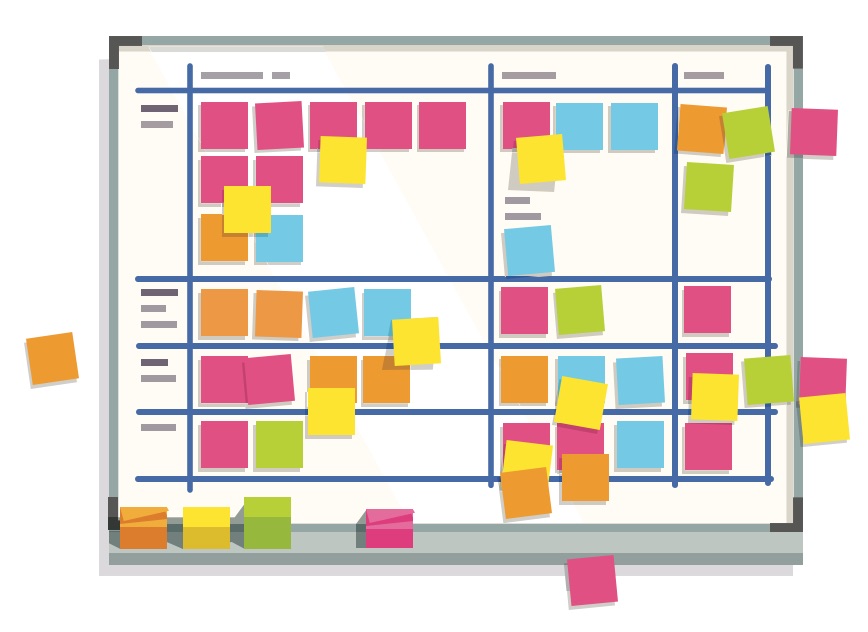 Illustration of a whiteboard grid filled with colorful sticky notes—pink, yellow, blue, orange, and green—representing innovative digital solutions. Other notes scattered around suggest brainstorming sessions focused on enhancing the customer experience through experience design.