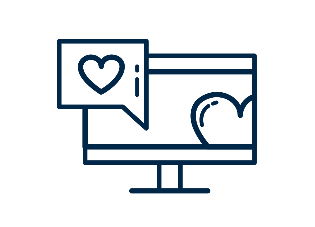 A simple line drawing depicts a desktop monitor with a heart symbol inside. Beside it, a speech bubble with another heart signifies communication or expression of love. This illustration embodies the essence of enhancing customer experience through heartfelt digital solutions.