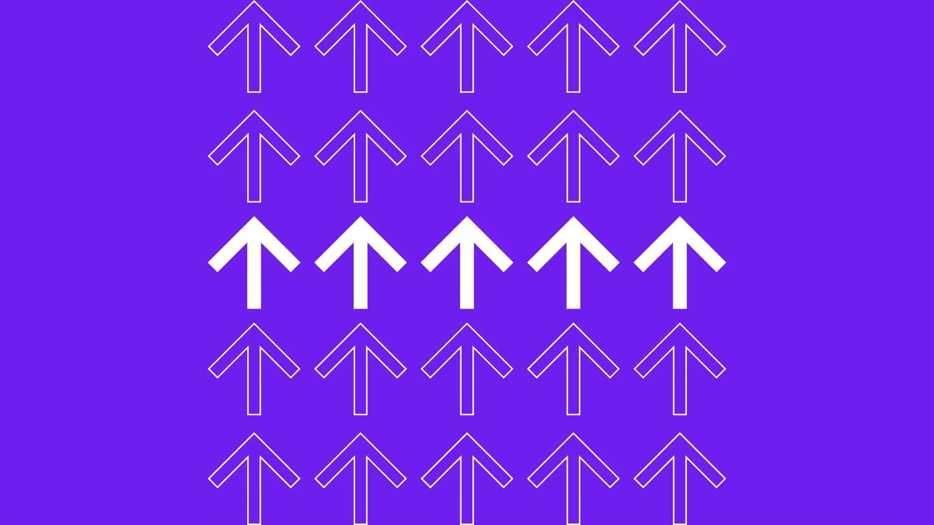 A grid of upward-facing arrows on a purple background evokes a sense of clockwork precision. Three rows feature white-outlined arrows, while the middle row stands bold in solid white, reflecting an experience design that draws the eye.