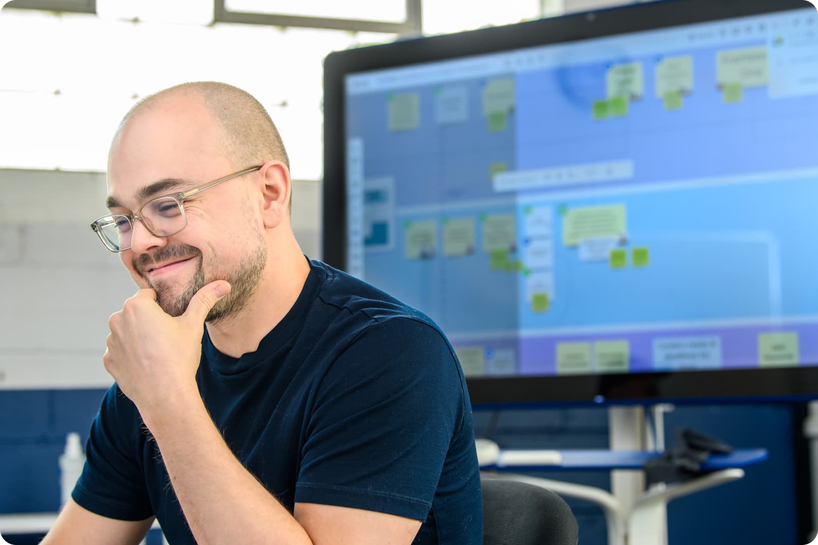 software developer attending a collaborative white-boarding meeting