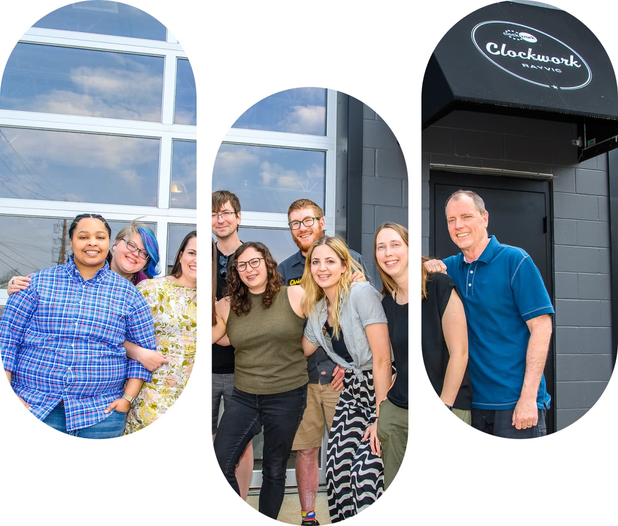 A group of Clockwork staff members posing in front of our Rayvic headquarters building