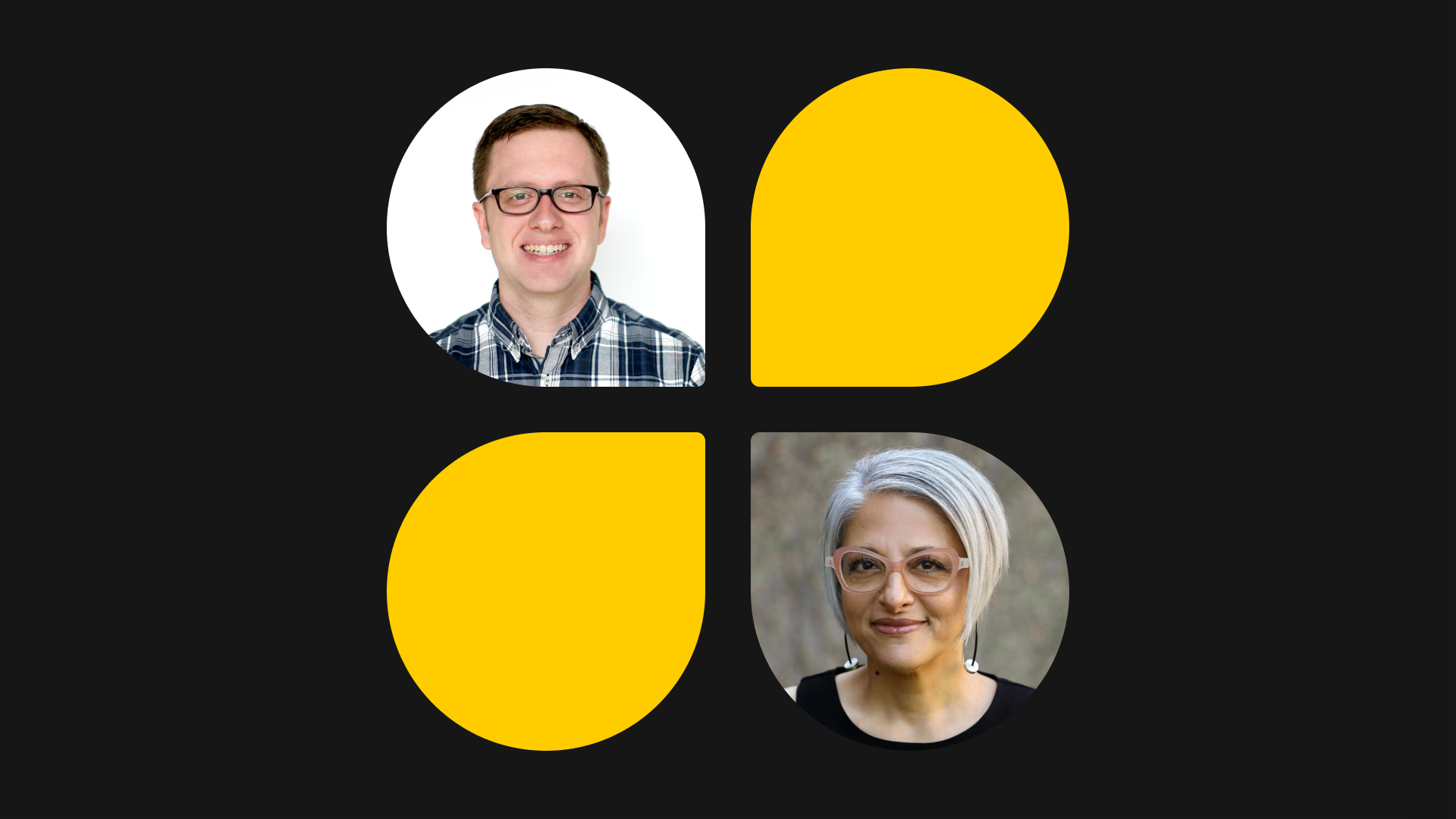 A design with four quadrants against a black background. The top left and bottom right feature circular portraits of a man in glasses and plaid shirt, and a woman with white hair and glasses, symbolizing user experience. The other two quadrants are solid yellow.