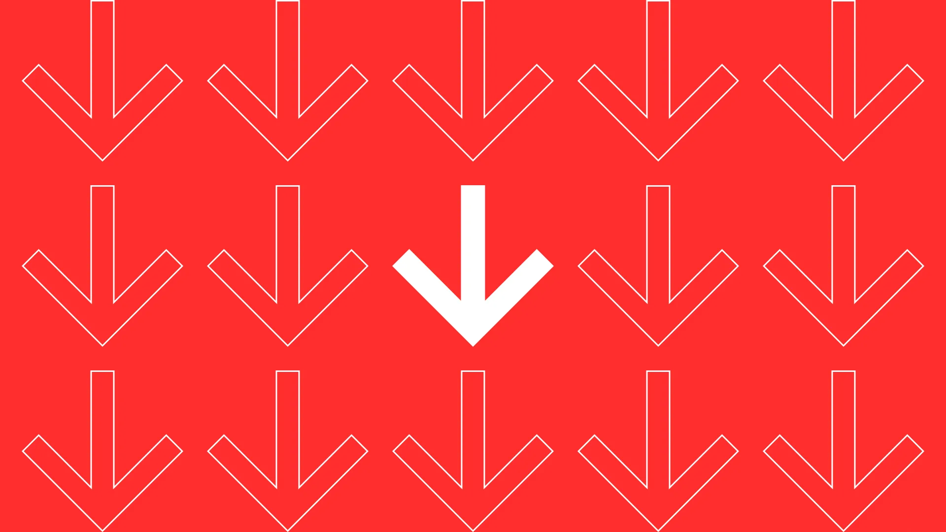 A pattern of white downward arrows on a red background resembles elements of experience design. The central arrow is bolder, drawing attention. The arrows are evenly spaced in a grid layout, reflecting a uniform and repetitive design.
