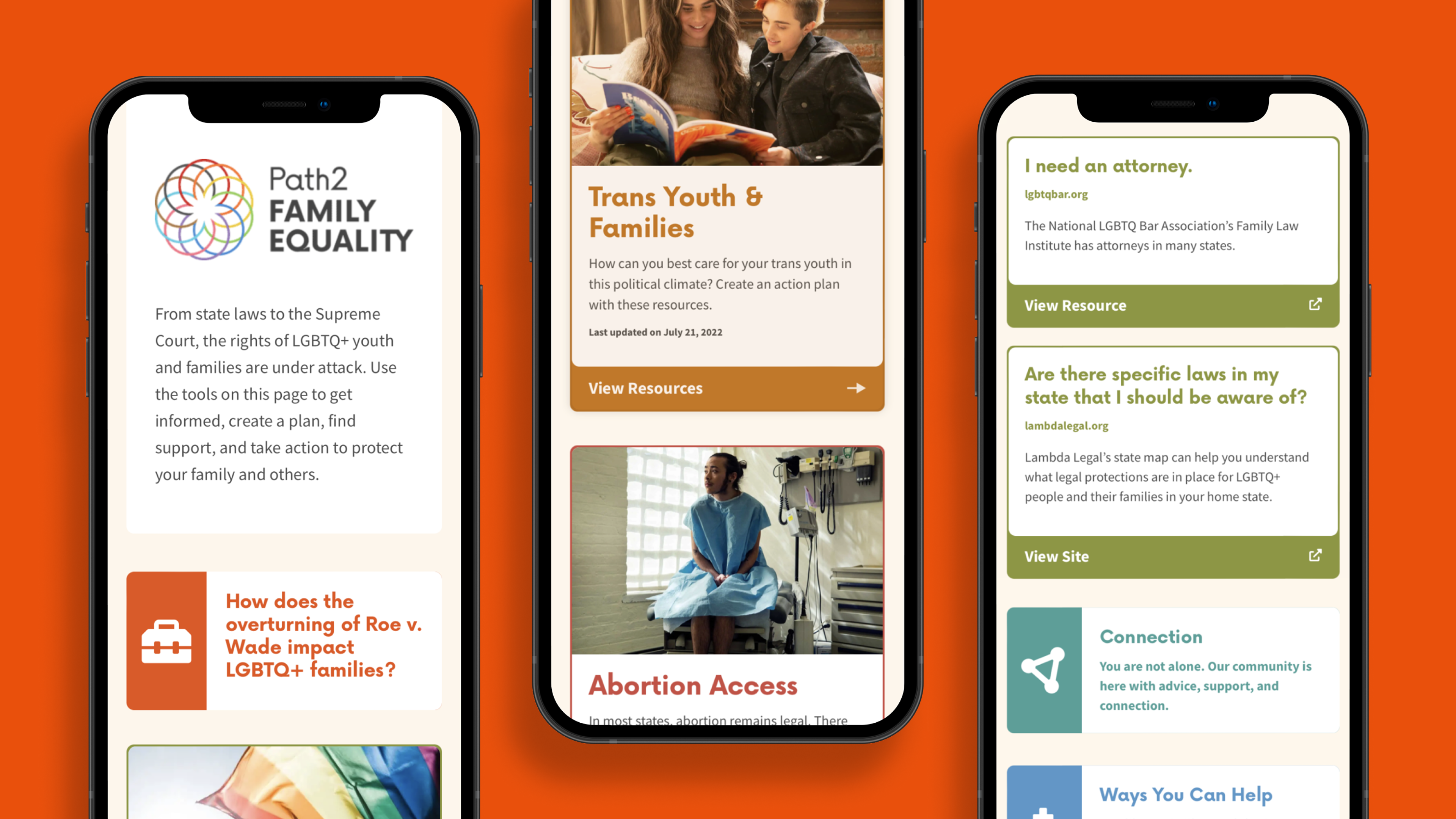 3 phones on an orange background displaying various pages of the family equality tool