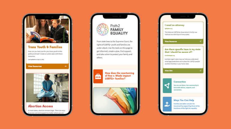 3 phones displaying the Path2FamilyEquality homepage on an orange background