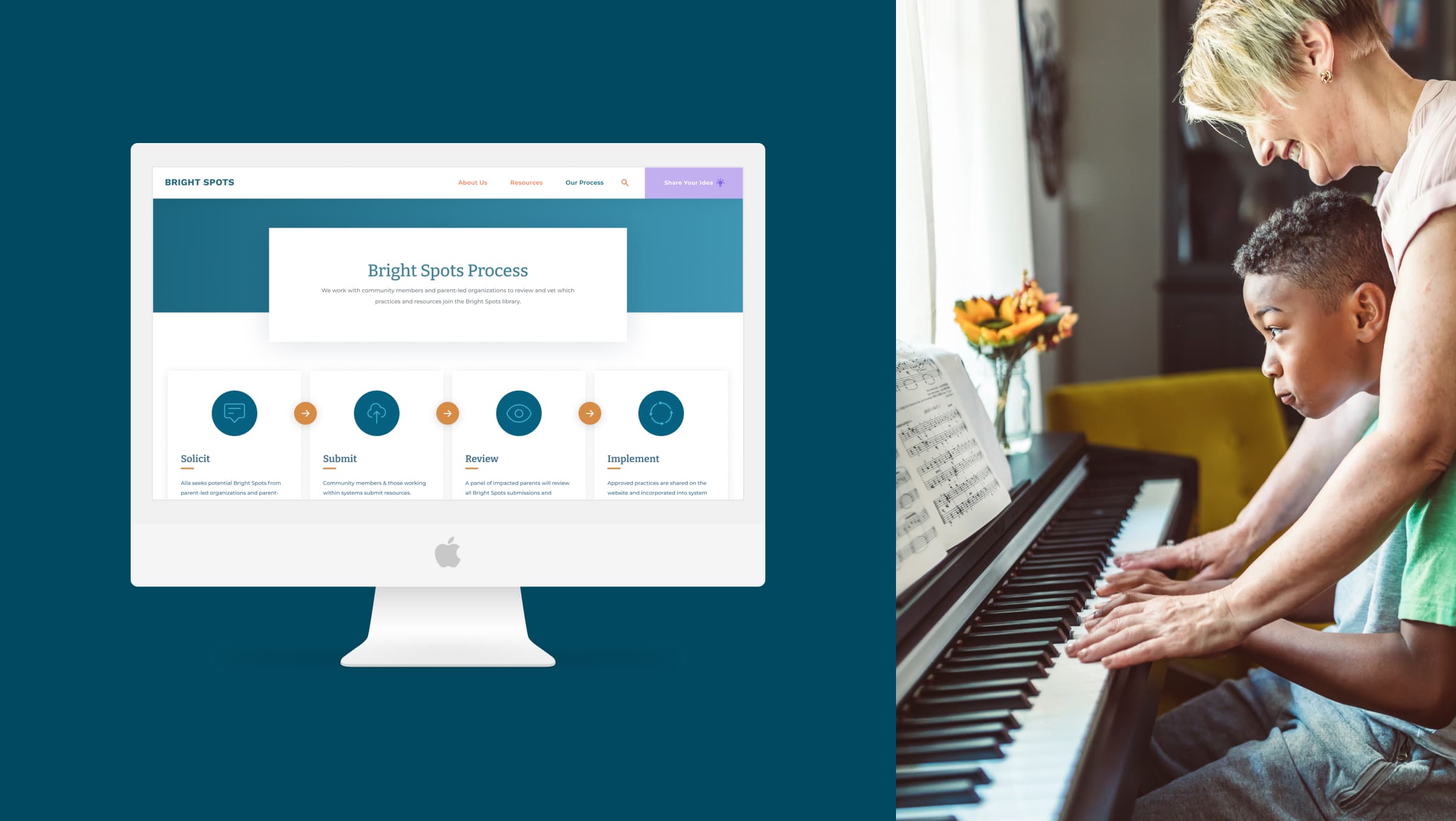 Split image. On the left is the Alia Bright Spots child welfare resource website on an imac desktop on top of a dark blue background. On the right side is an image of an adult helping a child play the piano in front of a sunny window.
