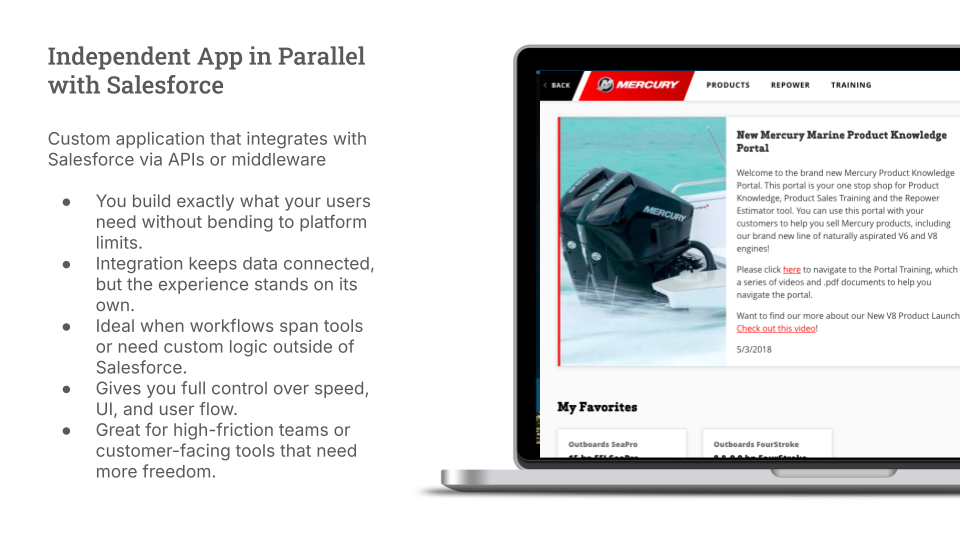 A slide describing an independent app that integrates with Salesforce. The left side lists benefits, and the right shows a screenshot of the Mercury Marine Knowledge Portal on a desktop, featuring navigation tabs and text.