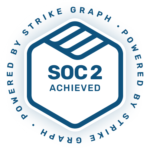 A blue and white badge with a hexagon shape in the center displays the text SOC 2 ACHIEVED. The border reads POWERED BY STRIKE GRAPH in a circular pattern around the badge.