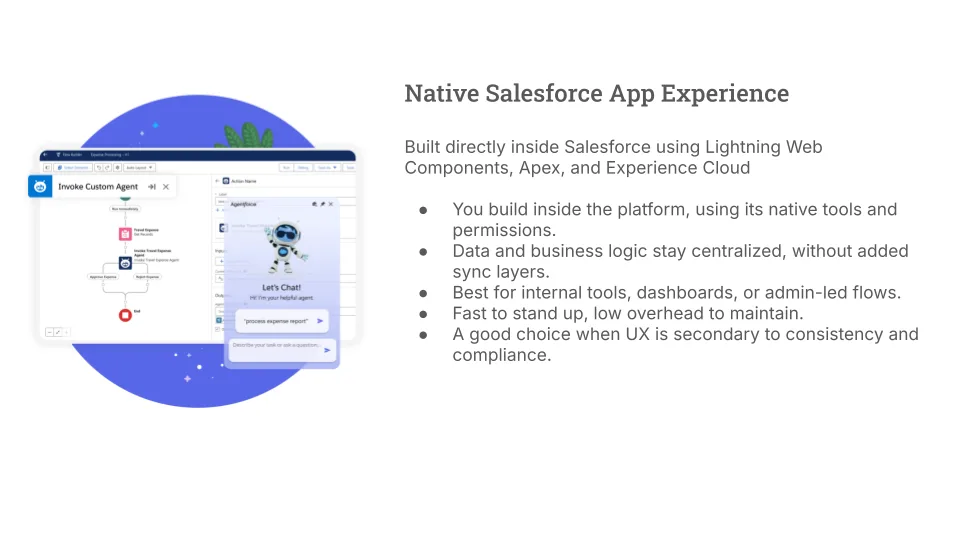 A slide titled Native Salesforce App Experience shows a diagram of a Salesforce interface and a chat window. Bullet points describe benefits like centralized data, easy setup, and suitability for internal tools.
