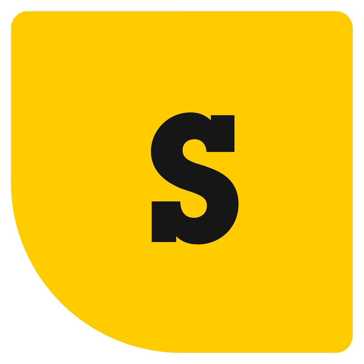 A bold black letter S centered on a bright yellow background with rounded corners on the top left and a curved edge on the bottom left.