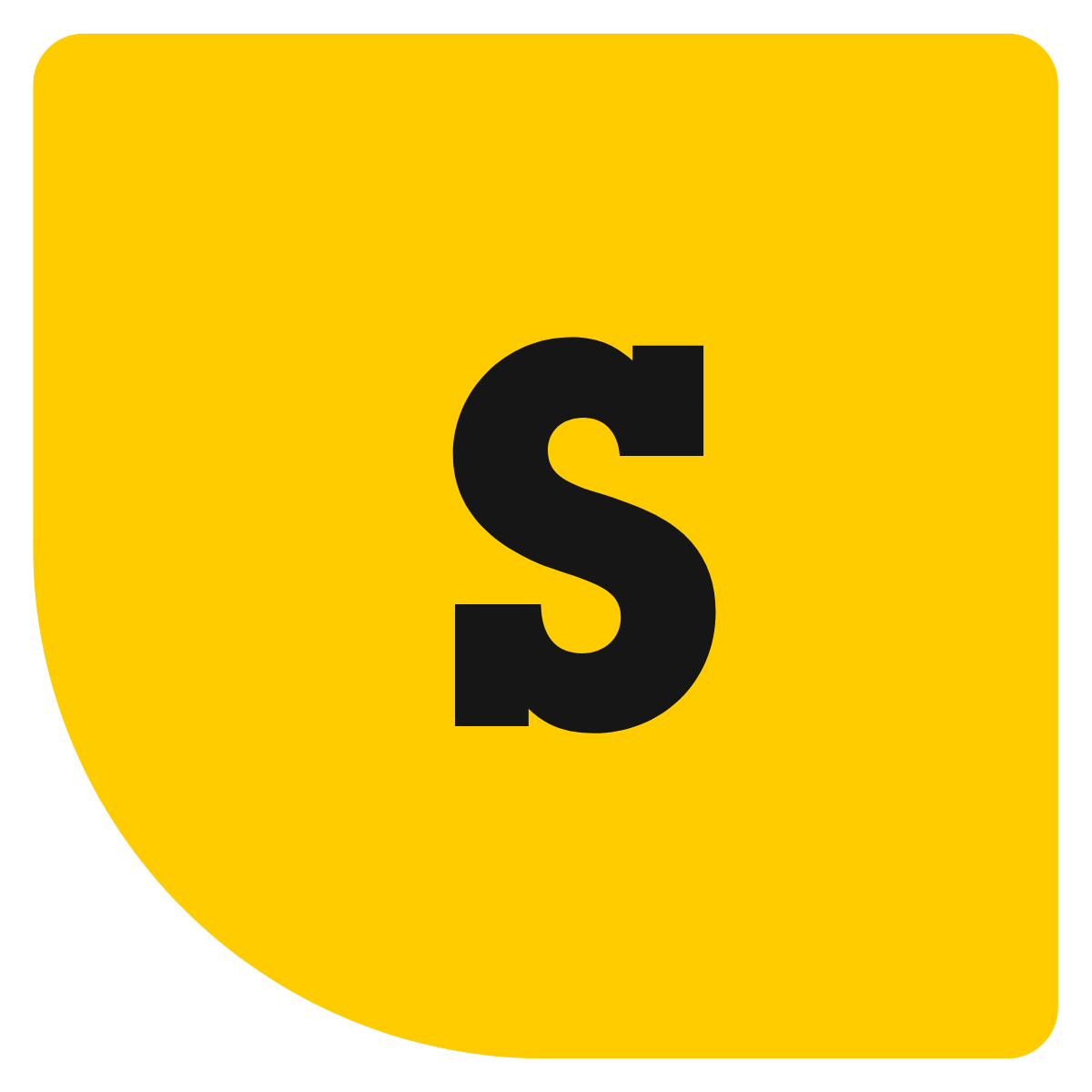 A bold black letter S centered on a bright yellow background with rounded corners on the top left and a curved edge on the bottom left.