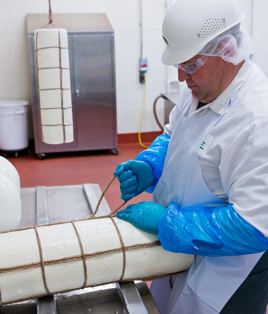 A worker in protective gear ties a large log of cheese with rope in a food processing facility; another similar cheese log hangs nearby.