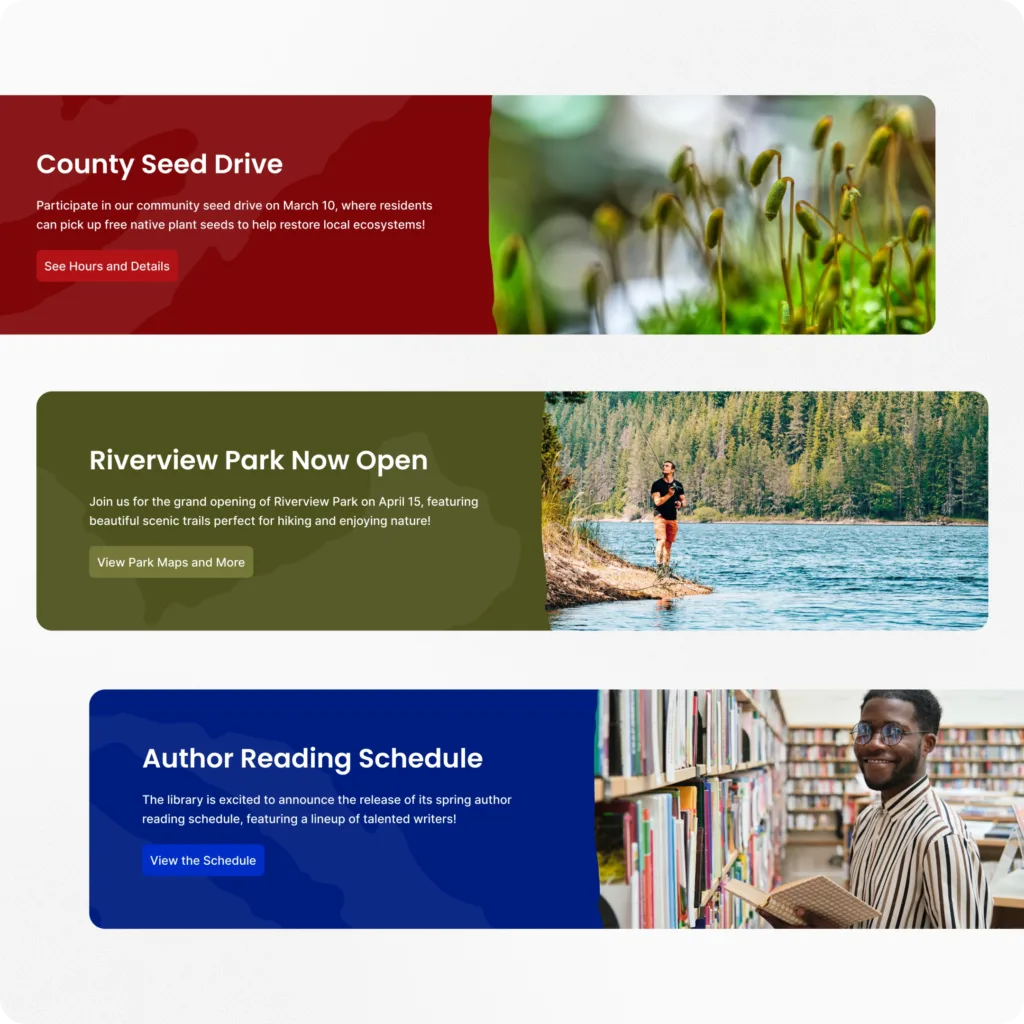 Three colorful banners: first shows green seedlings for a county seed drive, second shows a man by a lake for a park opening, third shows a person with bookshelves for an author reading schedule announcement.
