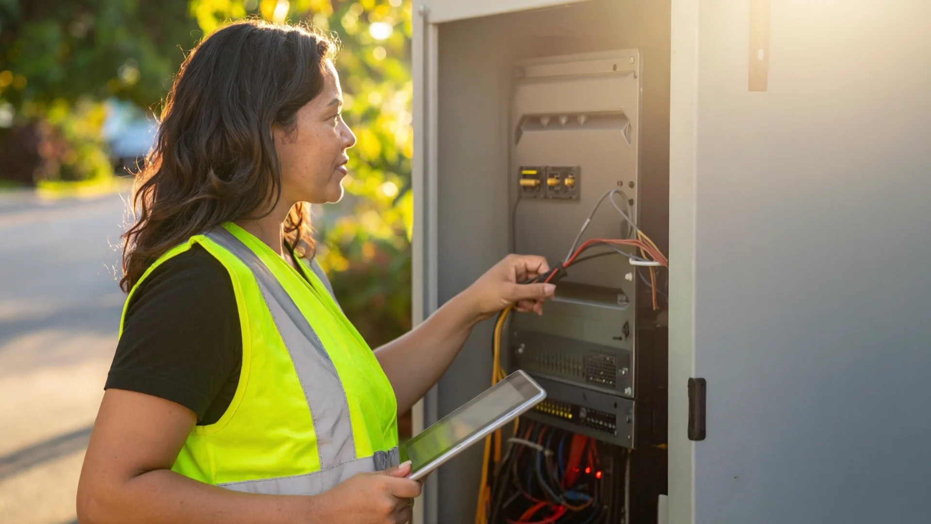 A woman wearing a yellow safety vest holds a tablet and works with wires inside an outdoor electrical cabinet, with sunlight shining in the background.