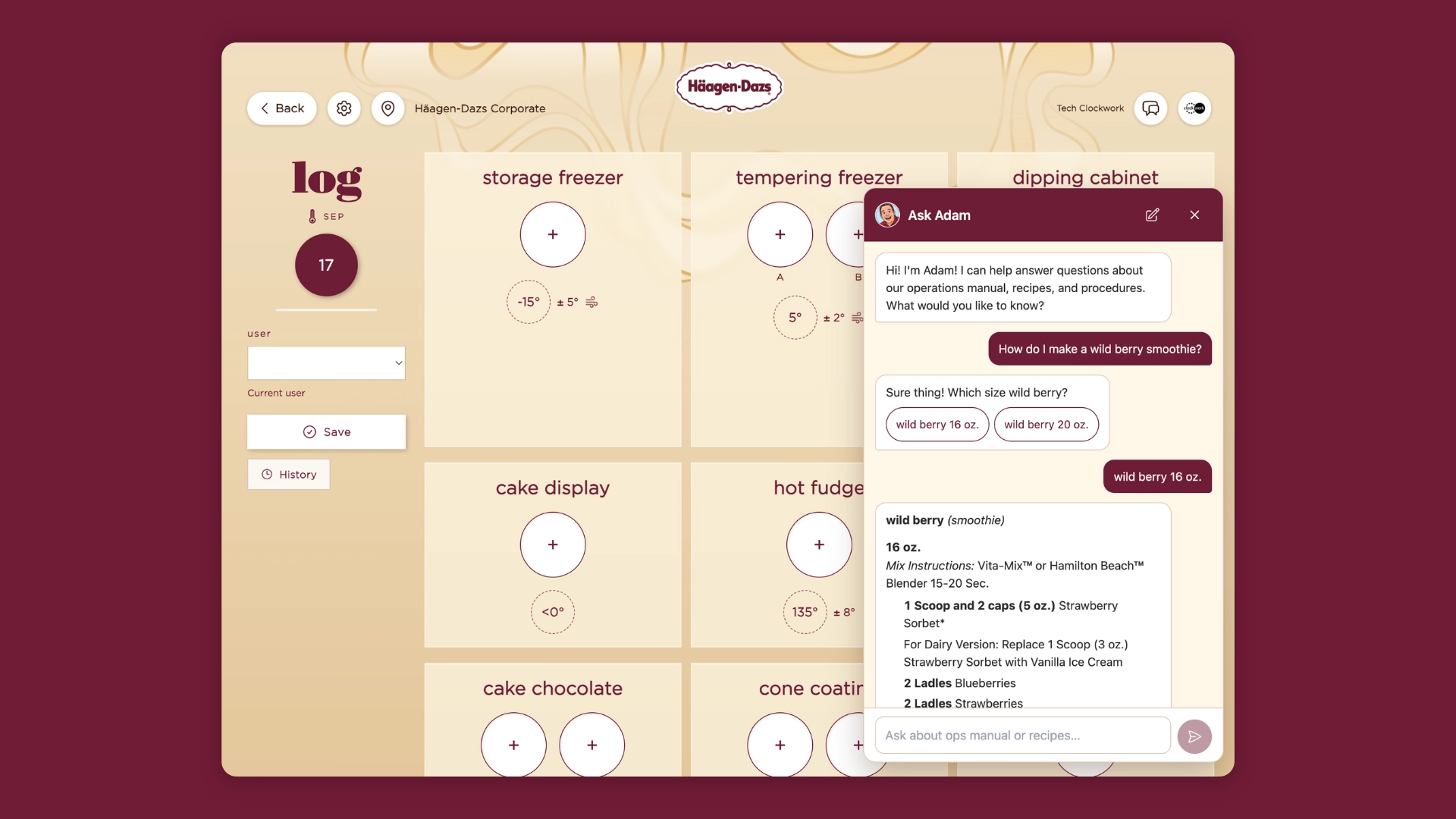 A dashboard with freezer and display logs, plus a chat window where a user asks for product info. The chat shows a question about available smoothies and a reply listing wild berry smoothie ingredients.