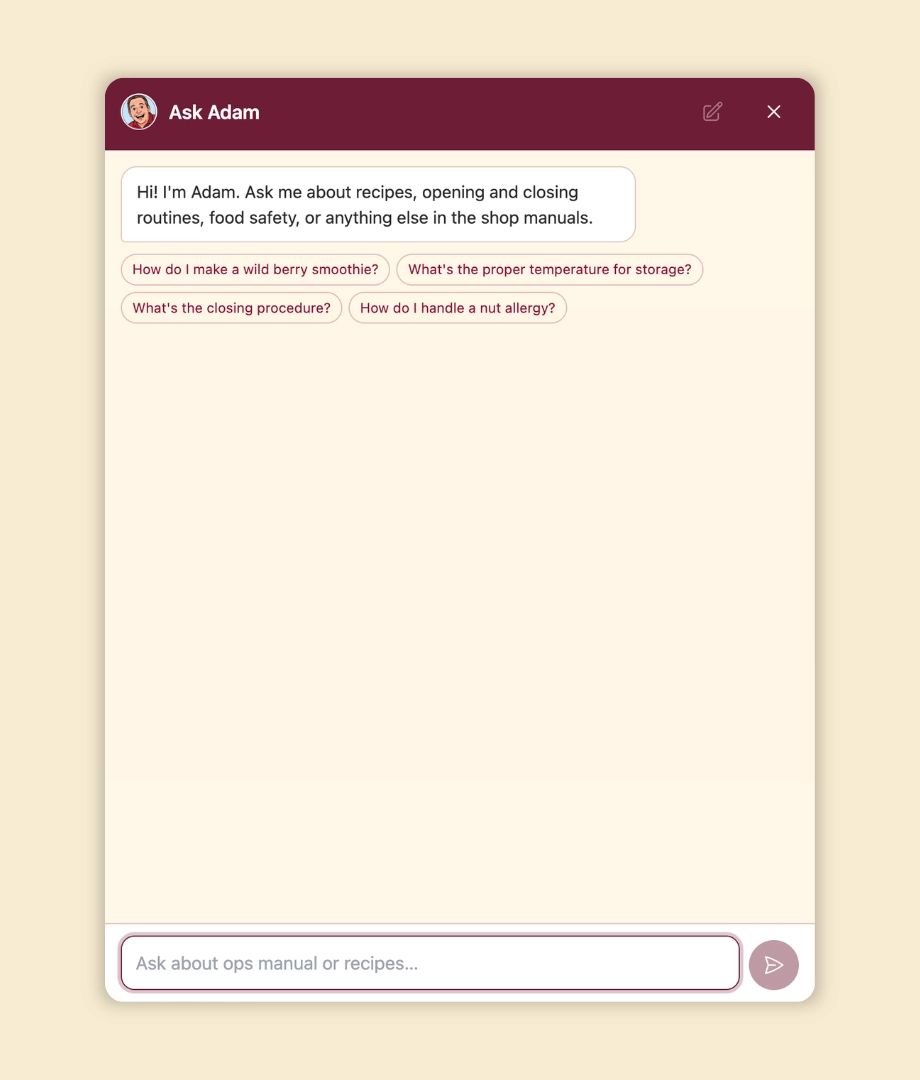 A chat window titled Ask Adam shows questions about shop procedures, storage, and allergies, with suggested topics in clickable bubbles below the conversation and a text box at the bottom for typing questions.