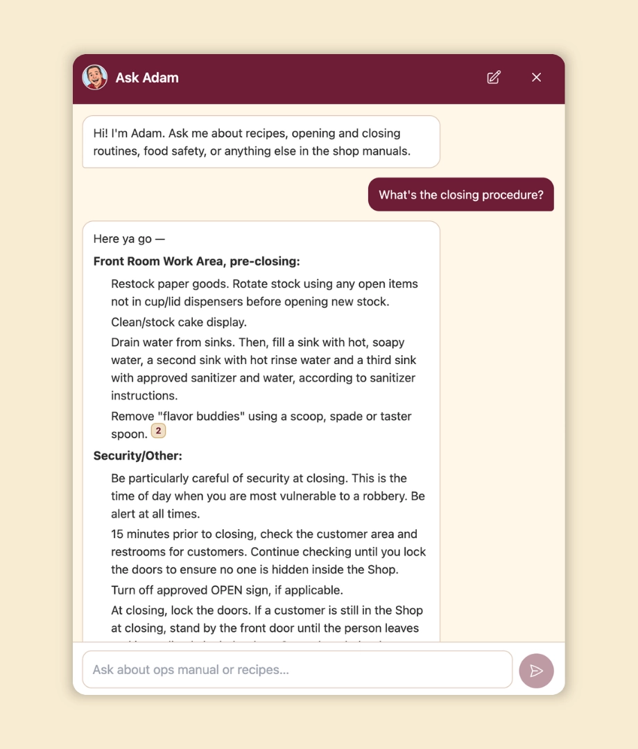 A chat window shows a user asking about closing procedures. Adam replies with detailed steps for pre-closing front room work, including tasks for restocking, cleaning, and security checks before closing a shop.